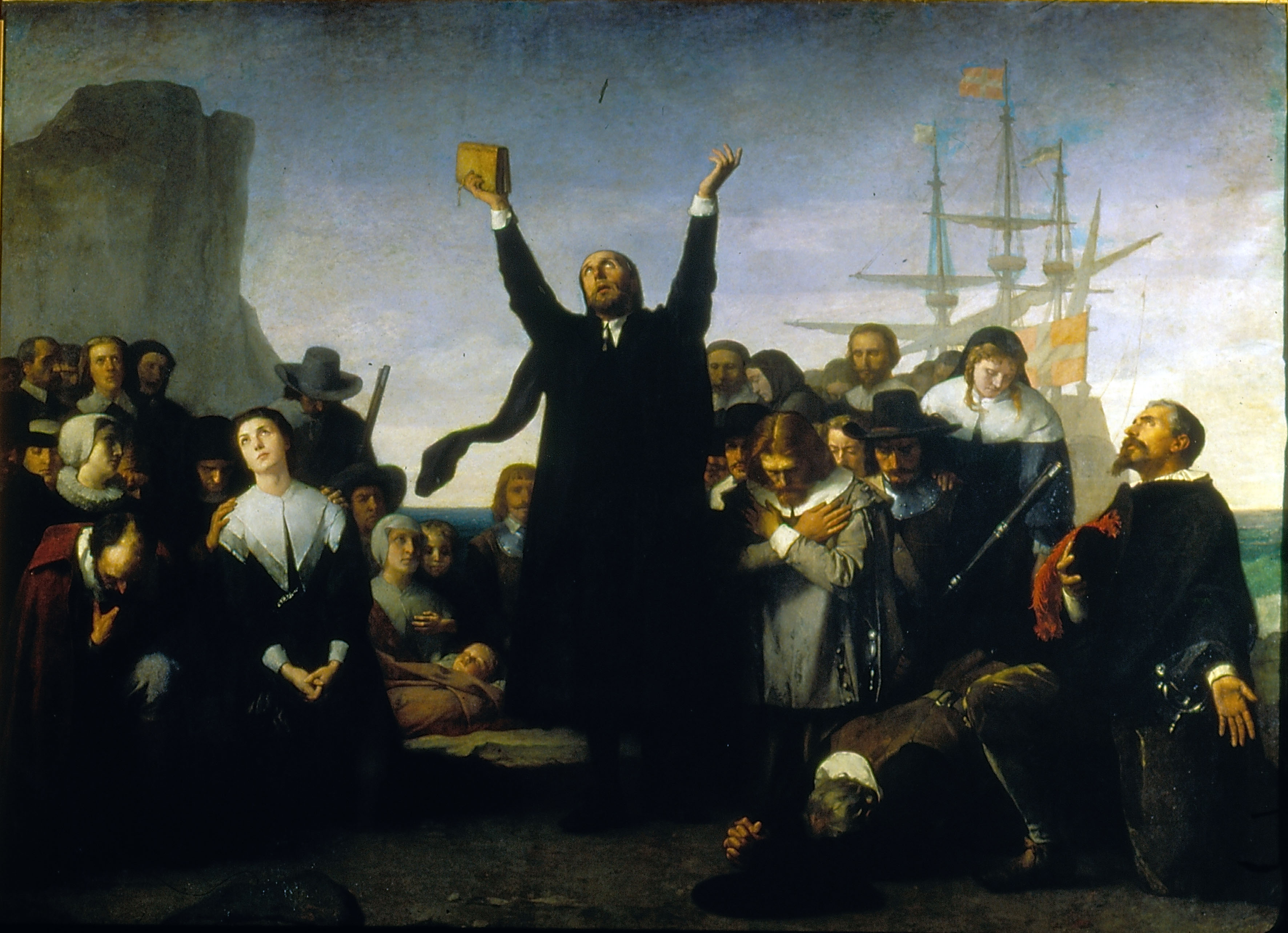 Artwork titled, "Desembarco de los puritanos en América," depicting the landing of the Puritans in America in 1620.