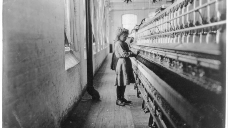 Black and white photograph of a Child laborer in South Carolina cotton mill, 1908.