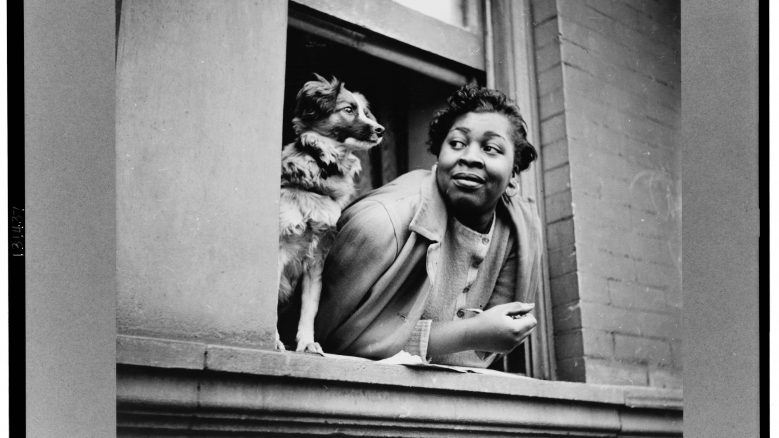 A black and white photograph of a woman leaning out a window and her dog in Harlem (1943)