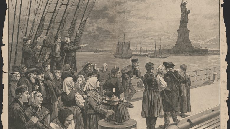 A wood engraving depicting immigrants on the steerage deck of the steamer Germanic entering New York Harbor and catching their first glimpse of the Statue of Liberty, published in Leslie's Illustrated Newspaper on July 2, 1887.