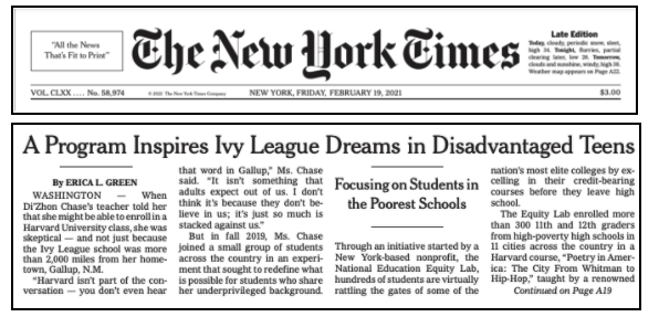 A New York Times article featuring Poetry in America, titled, "A Program Inspires Ivy League Dreams in Disadvantaged Teens."