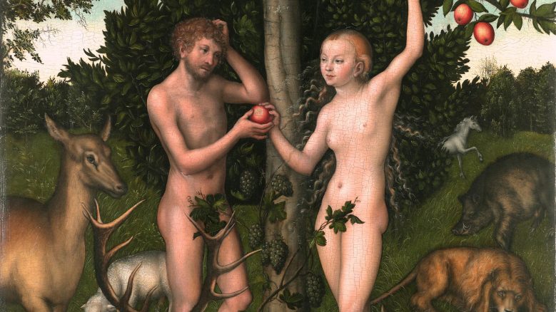 Artwork featuring Adam and Eve under an apple tree
