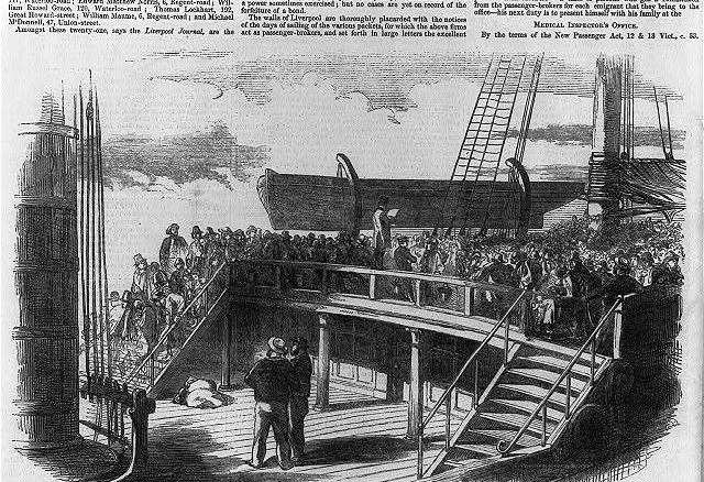 Irish Immigrants 1850 Roll Call on The Quarter Deck of An Emigrant Ship, Wood Engraving from An English Newspaper of 1850
