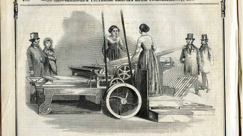 Artwork depicting two women operating Taylor's Cylinder Printing Press