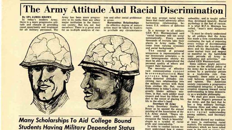 A November 1969 issue of The Southern Cross, the US Army newspaper, featuring an article Brown wrote on racism in the Army.