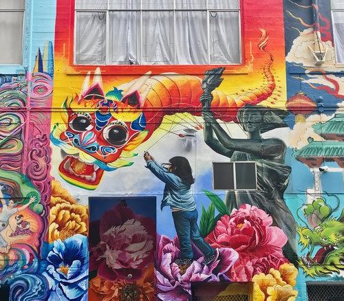 A colorful mural on San Francisco's streets, by guests Elaine Chu and Marina Perez-Wong.