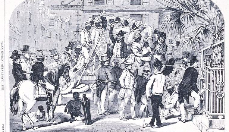 An illustration of slaves being sold in Charleston, South Carolina, about 1860.