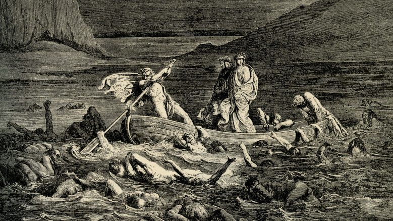 An illustration depicting Dante and Virgil crossing the Styx river in Gustave Doré’s interpretation of the poet’s vision of hell.