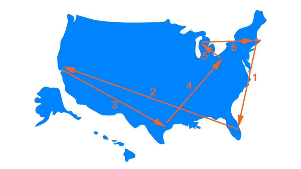 A map Tracing “Edna’s” travels around the US