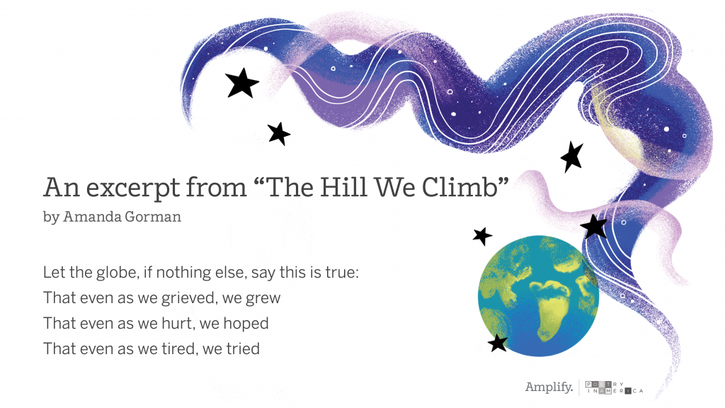 A virtual background depicting purple swirls, black stars, and an Earth globe with the text, "An excerpt from "The Hill We Climb," by Amanda Gorman.