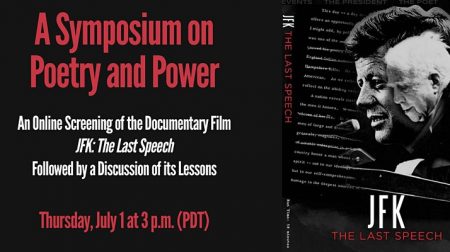 Event cover for "A Symposium on Poetry and Power," featuring the text, "an online screening of the documentary film, 'JFK: The Last Speech,' followed by a discussion of its lessons."