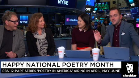 Elisa New and Stuart Weitzman appear on Cheddar for National Poetry Month