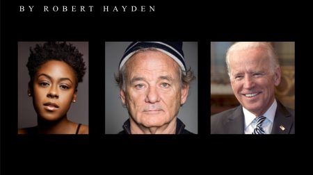 Cover for Theater of War and Poetry in America present “Those Winter Sundays." Pictured are Moses Ingram, Bill Murray, and President Biden.