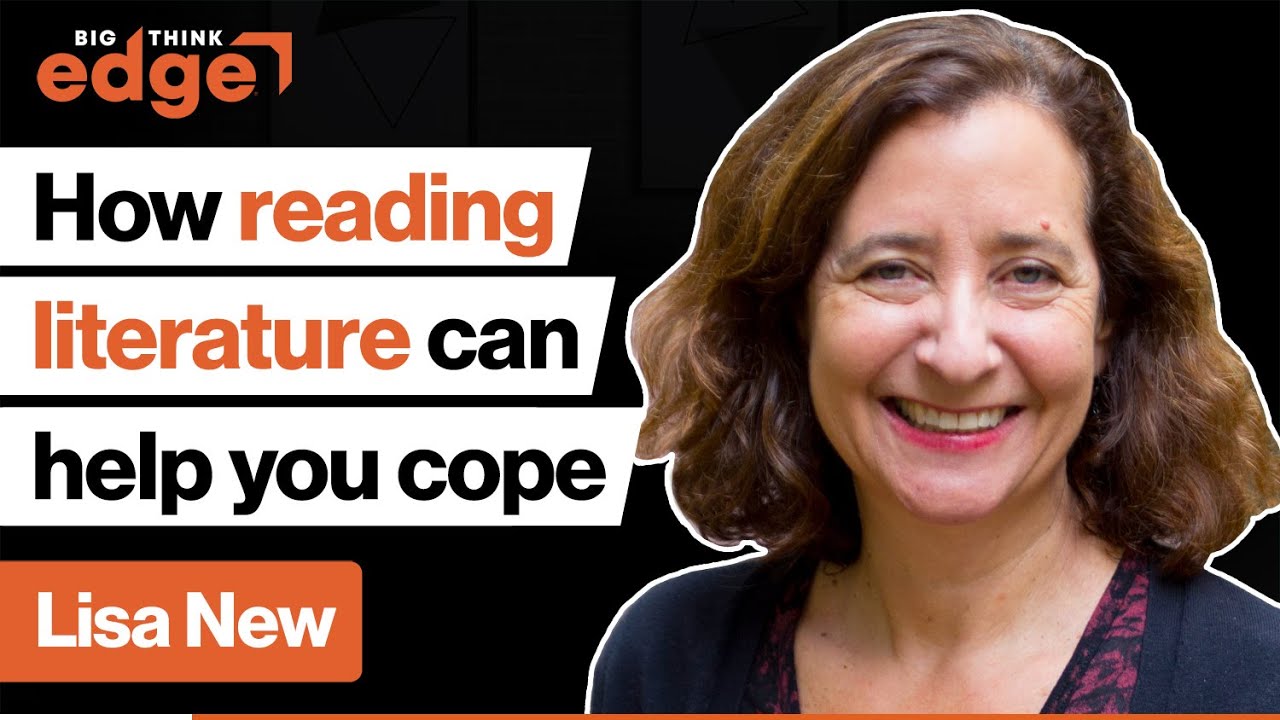 Graphic with the text, "How reading literature can help you cope" on the left and a portrait of Elisa New on the right.
