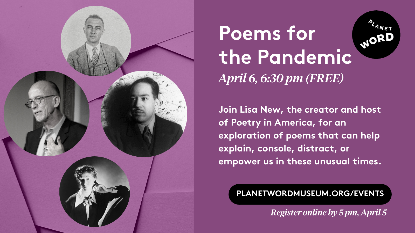 Cover for the event, "Poems for the Pandemic" with the text, "Join Lisa New, the creator and host of Poetry in America, for an exploration of poems that can help explain, console, distract, or empower us in these unusual times."