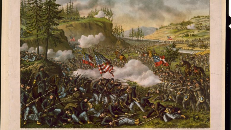 Artwork titled, "Battle of Chickamauga", depicting Union and Confederate soldiers engaging in battle.