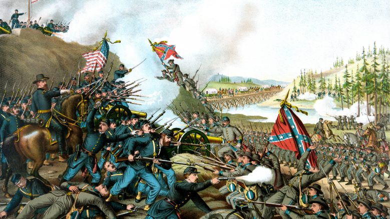 Battle of Franklin (1864), chromolithograph by Kurz & Allison, depicting Union and Confederate soldiers engaging in battle.