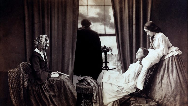 A composite photography of a young woman reclining in her death bed surrounded by her family.