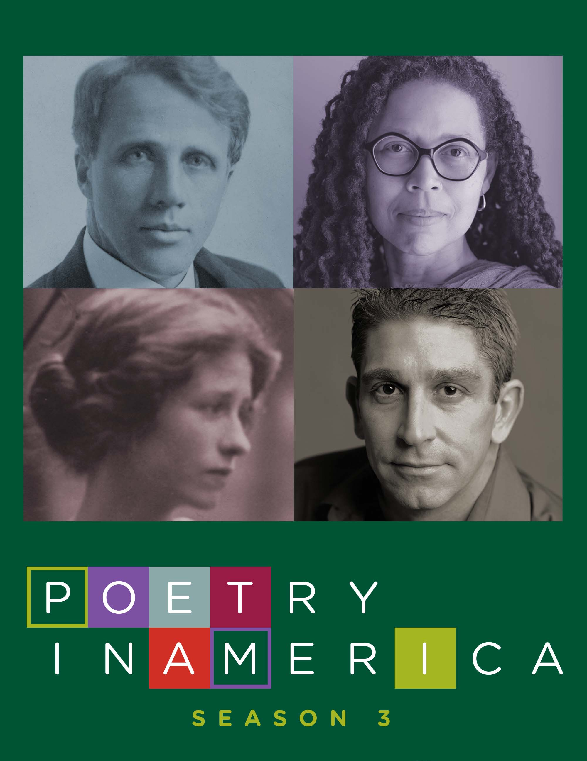 Poetry in America's Season Three flyer displaying four portraits of featured speakers and figures.