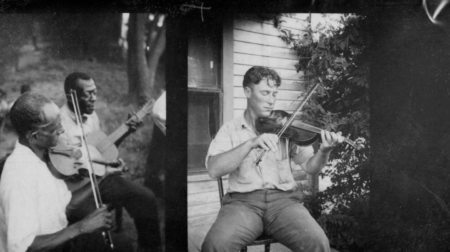 Black and white image of Americana musicians playing fiddle and guitar