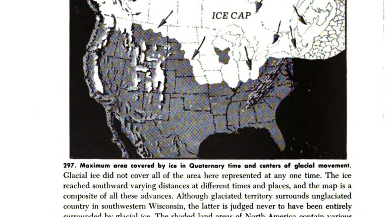 A black and white textbook page of a map depicting ice cap glacial movement in North America, from the book "An Introduction to Historical Geology."