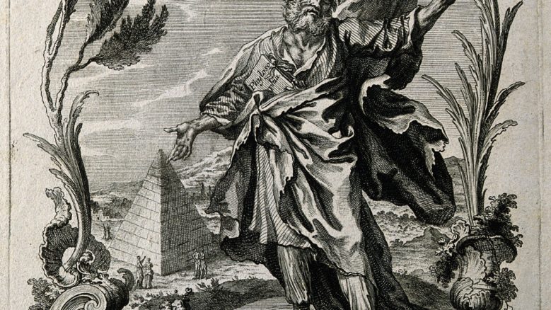 Line engraving by B. S. Setlezky, titled "Heraclitus," depicting a pyramid and the sky in the background and Heraclitus wearing a robe while gesturing with his hands in the foreground.