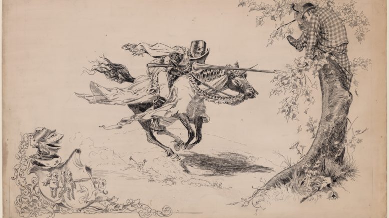 A drawing titled, "A Connecticut Yankee in King Arthur's Court" depicting a knight in armor tilting at a man in modern dress in tree onto which he has climbed for refuge