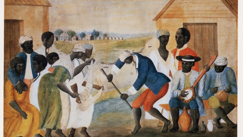A watercolor on paper artwork titled "The Old Plantation (Slaves Dancing on a South Carolina Plantation)"