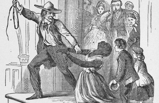 An illustration titled "A woman slave on her knees," depicting a man wearing a hat and holding a raised gun grabbing a distressed woman slave on her knees. Several onlookers watch the confrontation with expressions of shock and concern.