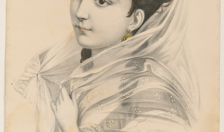 Print shows a young woman with a rose in her hair, head-and-shoulders portrait, facing left, pulling a diaphanous shawl over her shoulders