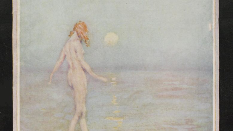 A February 1920 Vanity Fair Magazine cover showing a nude woman from the back, walking into ocean waves