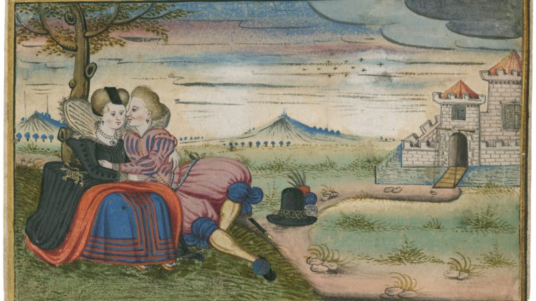 A Shakespearean illustration depicting two figures in ornate clothing embracing under a tree, with a scenic landscape featuring a castle, mountain, and flying birds in the background.