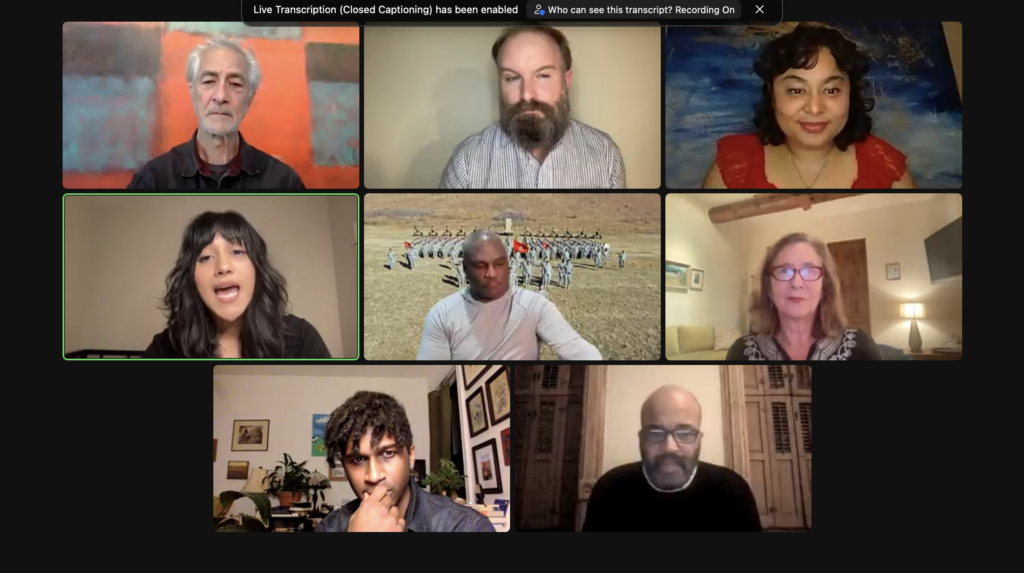 A screenshot of a Zoom meeting with Actors David Strathairn (Nomadland) and Jeffrey Wright (Westworld), U.S. Air Force veterans Craig Manbauman and Maj. (Ret.) Belena Stuart Marquez, COL (Ret.) Gregory D. Gadson, Poetry of America's Elisa New, and Theater of War’s Bryan Doerries & CBAW’s Seema Reza. 