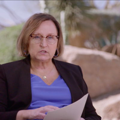 Stephanie Fitzgerald, wearing a suit, in the middle of speaking while holding a piece of paper