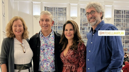 An Instagram story photo featuring from left to right: Elisa New, Richard Blanco, Nely Galán, and Mitchell Kaplan. The location is tagged as the Sanctuary of the Arts.