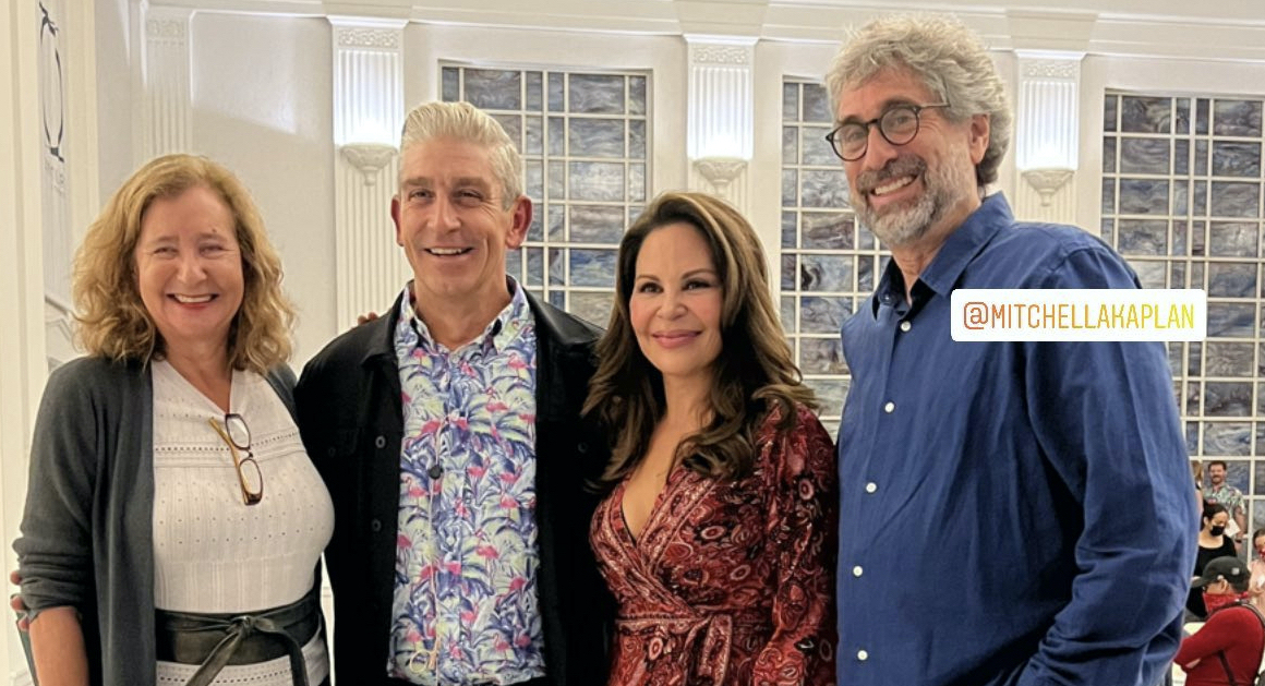 An Instagram story photo featuring from left to right: Elisa New, Richard Blanco, Nely Galán, and Mitchell Kaplan. The location is tagged as the Sanctuary of the Arts.