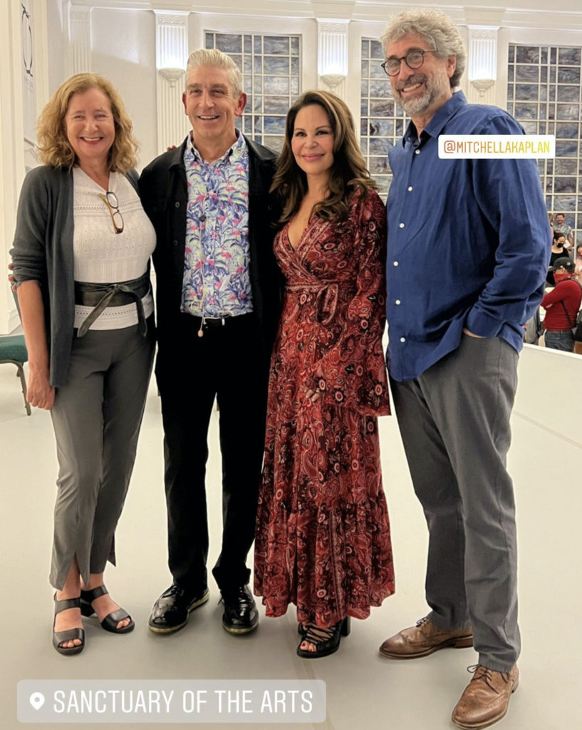 An Instagram story photo featuring from left to right: Elisa New, Richard Blanco, Nely Galán, and Mitchell Kaplan. The location is tagged as the Sanctuary of the Arts.