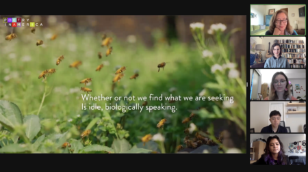 The 2020 National Student Poets discuss Edna St. Vincent Millay's poetry with Elisa New and Gillian Osborne on a zoom webinar, pictured on a shared screen: a group of bees flying around flowers, and the lines: "Whether or not we find what we are seeking / Is idle, biologically speaking".