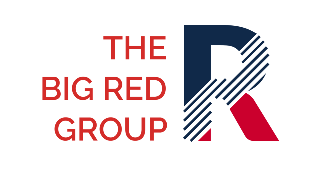 A logo for The Big Red Group featuring a large blue and red letter R with a diagonal line pattern.