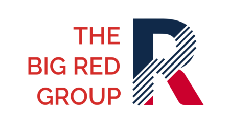 A logo for The Big Red Group featuring a large blue and red letter R with a diagonal line pattern.