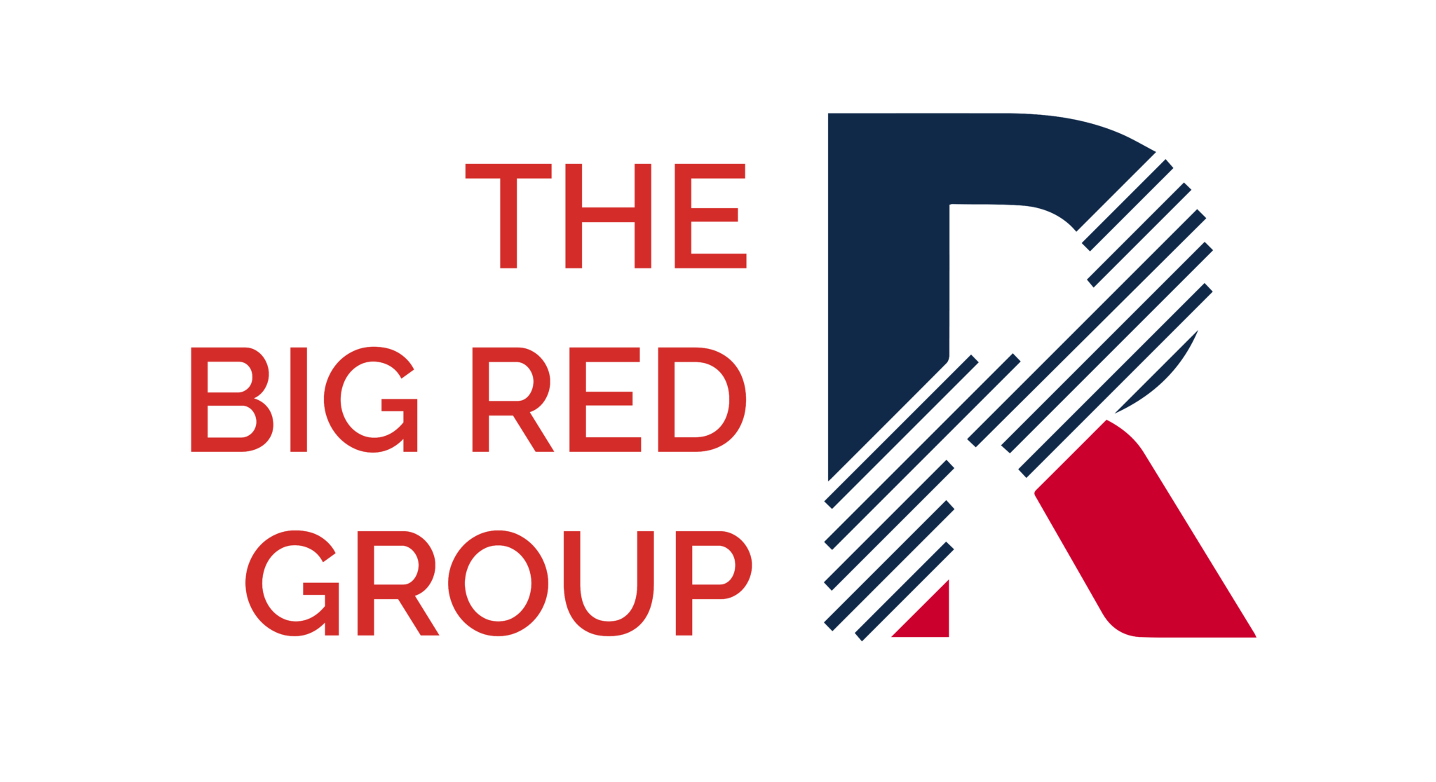 A logo for The Big Red Group featuring a large blue and red letter R with a diagonal line pattern.