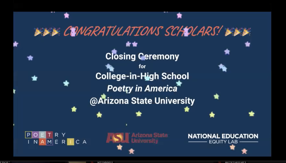 A colorful poster congratulating scholars on their graduation from the semester long course offered jointly between poetry in America and Arizona State University. The background is dark blue and decorated with small pastel stars.