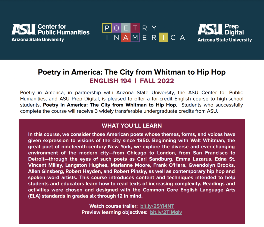 A blue and burgundy brochure for English194: The City from Whitman to Hip Hop, a poetry course offered at Arizona State University in Fall 2022.