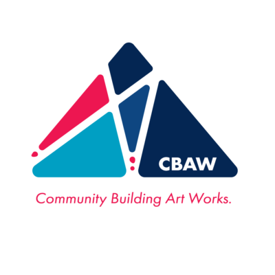 The blue and pink triangular composite of smaller triangles logo for Community Building Art Works.