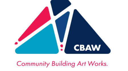 The blue and pink triangular composite of smaller triangles logo for Community Building Art Works.
