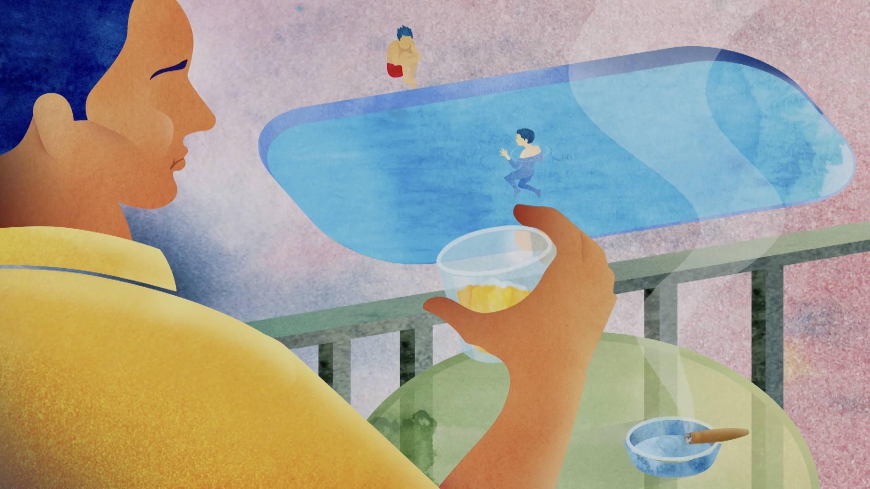 A purple, green and yellow pastel illustration by Eddie Pena of a scene described in the poem, pictured: Richard Blanco's father drinking a glass of amber whiskey and looking down at Blanco and his brother playing in the pool at the gulf motel.