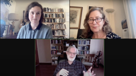 Tim Hunt gestures as he makes a point to Eliza New and Gillian Osborne, as they discuss poetry on the zoom webinar.
