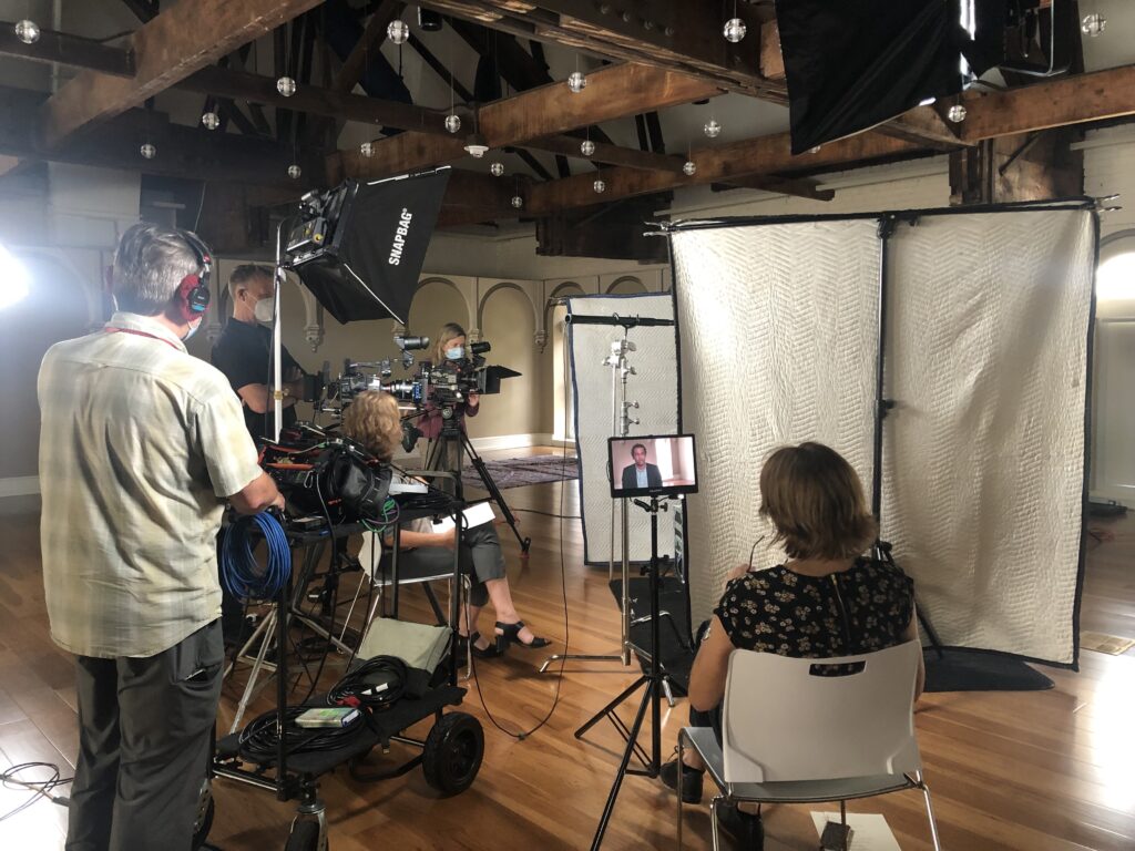 Behind-the-scenes photo of filming for the "Poetry in America" PBS series